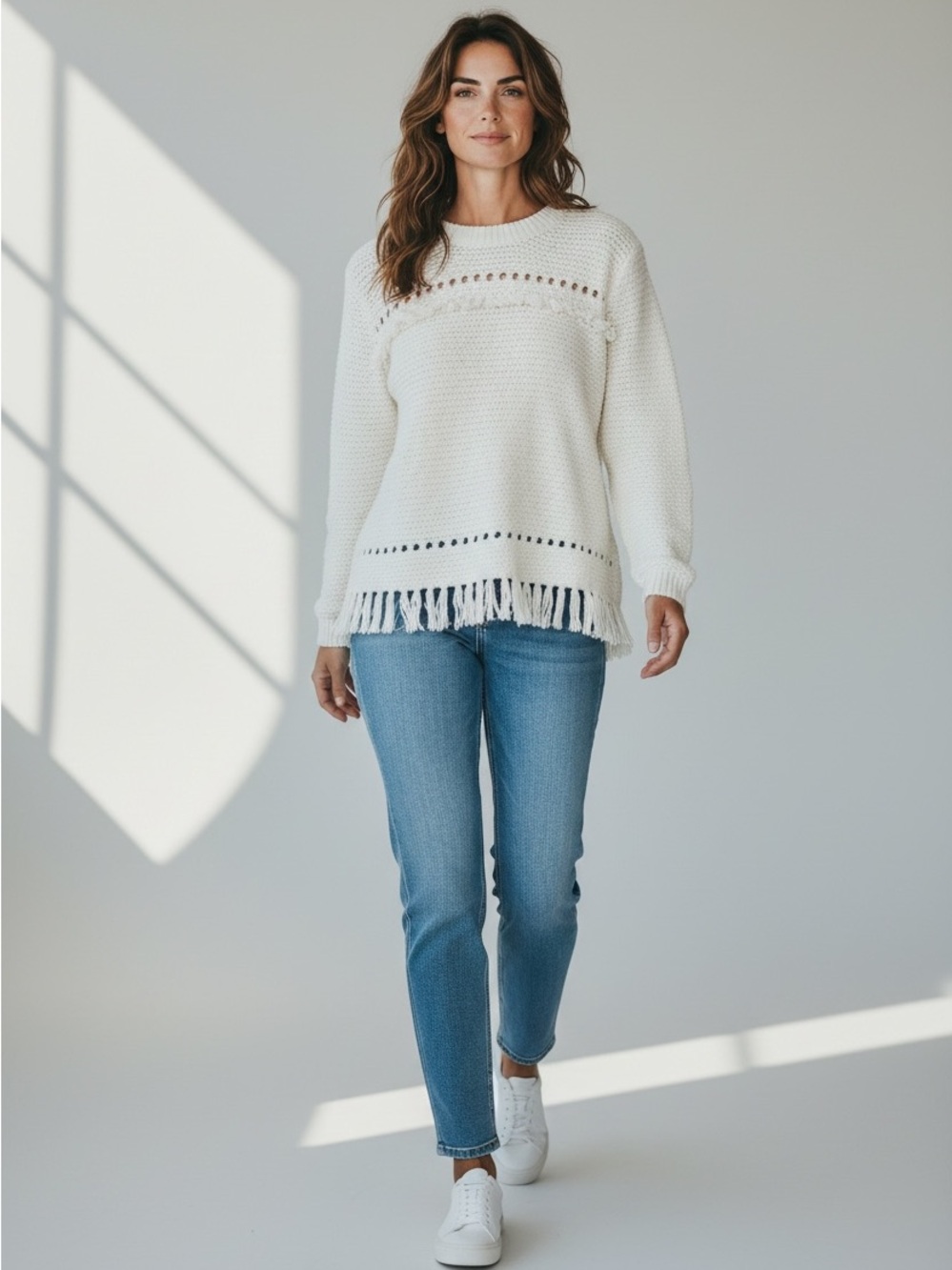 J. Crew Ivory Long Sleeve Fringe Sweater Size Large